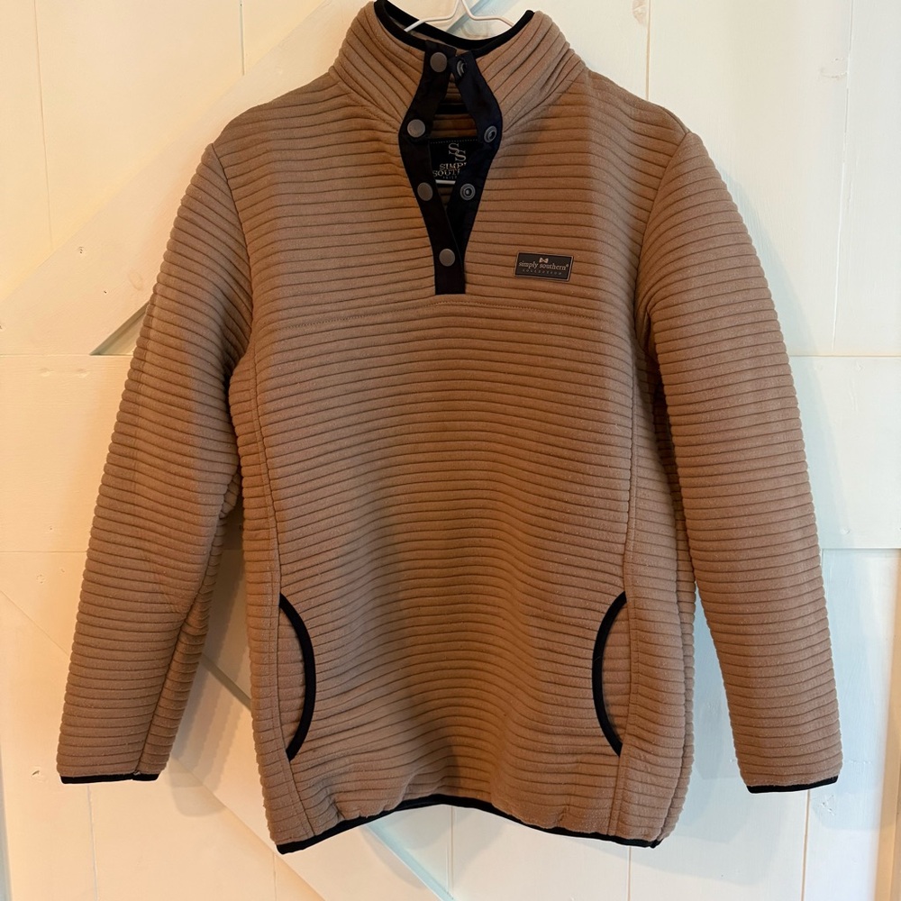 Simply Southern Women’s L 1/4 Snap Pullover Sweatshirt Ribbed Texture Beige
